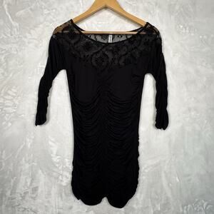Free People Black Lace TrimRuched 95% Rayon/5% Spandex Knit Bodycon Dress Size M